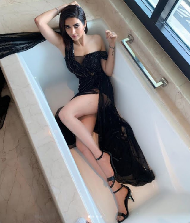 karishma tanna legs high slit black dress naagin actress