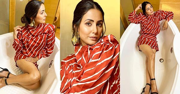 Hina Khan legs short red dress bathtub photoshoot