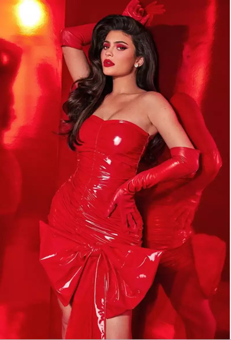 kylie jenner latex red off shoulder outfit