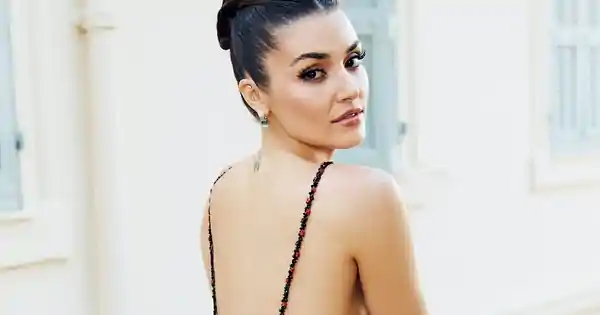 hande ercel backless deep neckline dress turkish actress