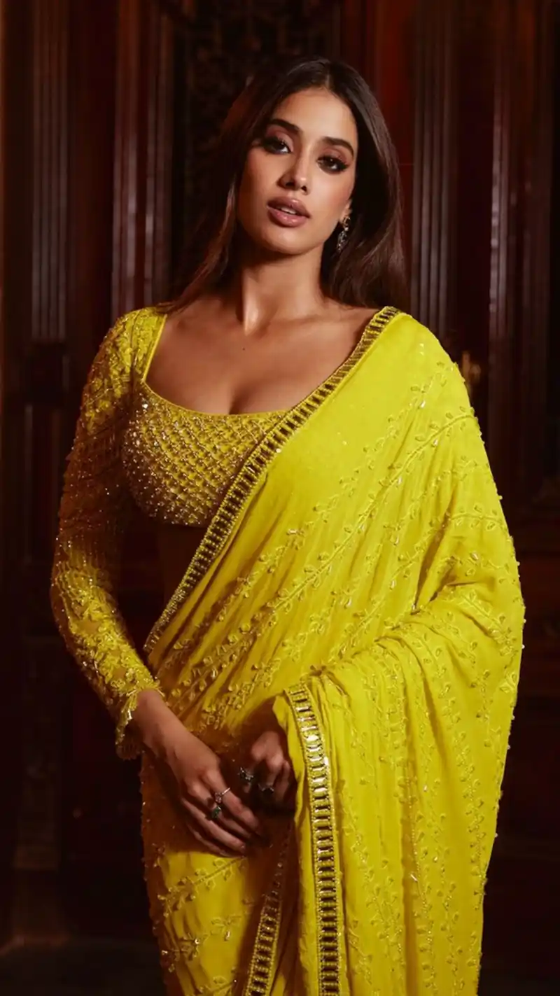 janhvi kapoor yellow saree plunging neckline blouse curvy indian actress (2)