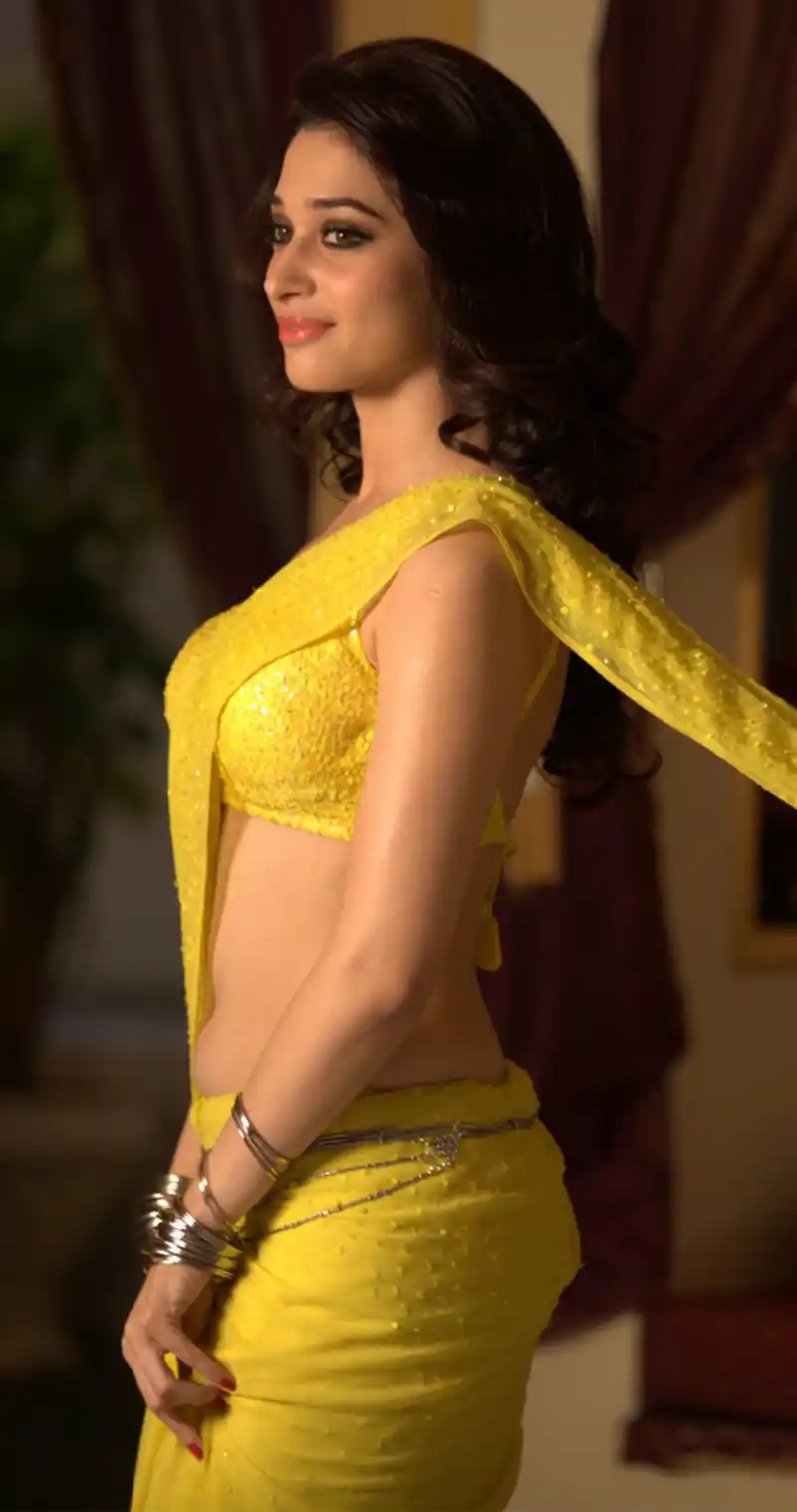 tamannaah navel yellow saree 4k wallpaper 3 5