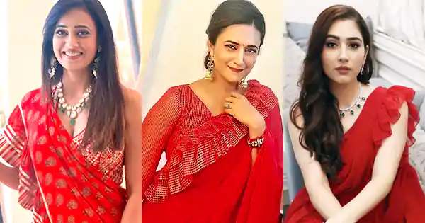 indian tv actresses in red saree with frill ruffle