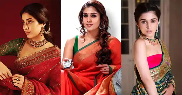 indian actresses in red green sarees stylish looks